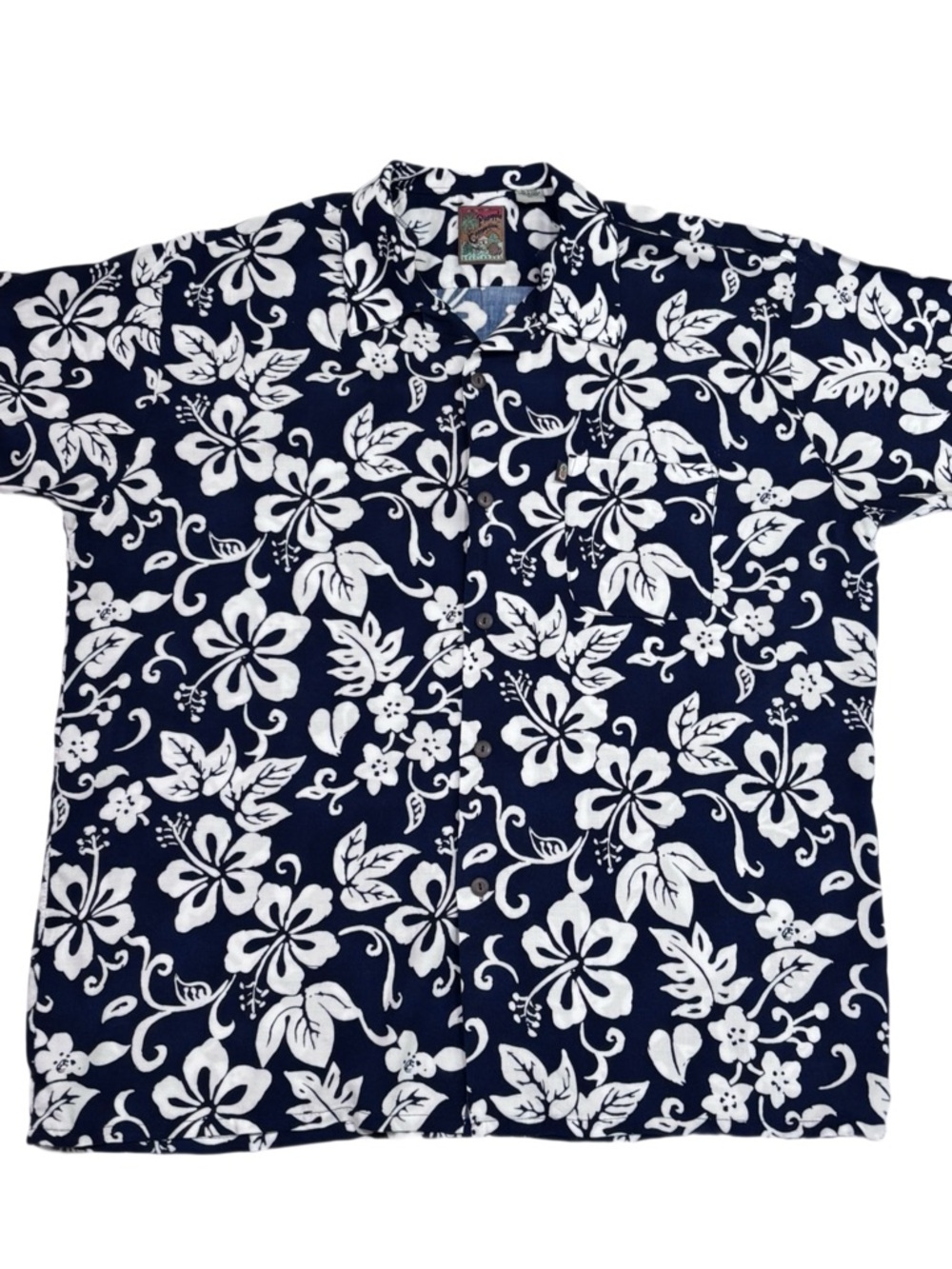 Men's Navy Blue & White Floral Hawaiian Shirt Pineapple Connection XL